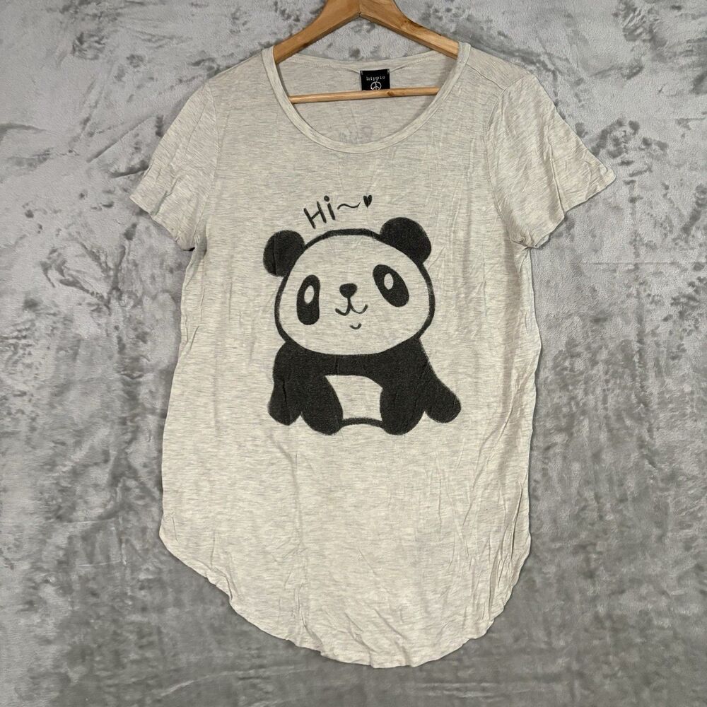 Hippie Chic Panda Graphic Tee L Grey Rayon Spandex Soft Boho Kawaii Hi Heart